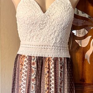 Elegant White and Brown Lace Dress